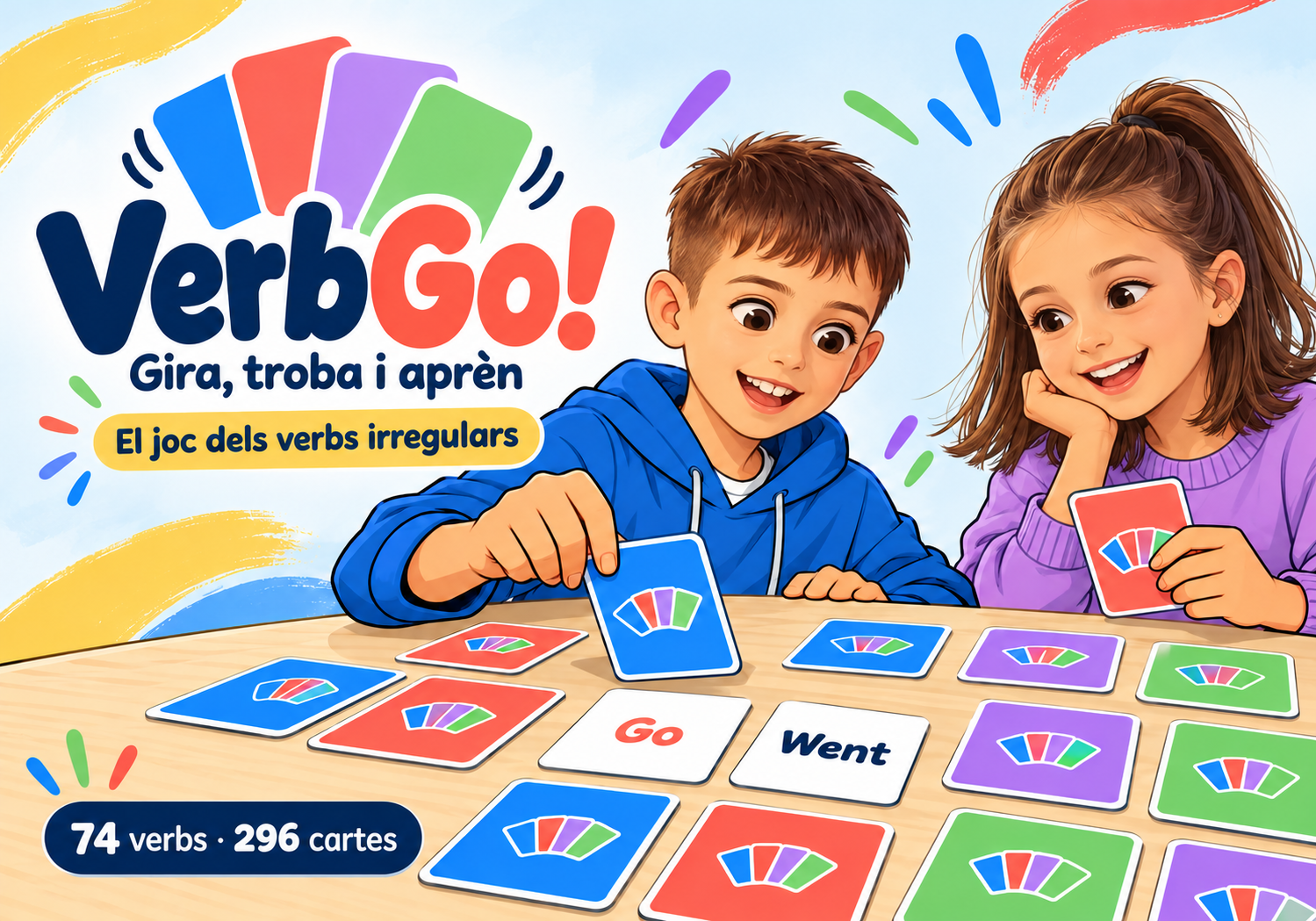 Dos nens jugant a VerbGo! amb cartes de colors